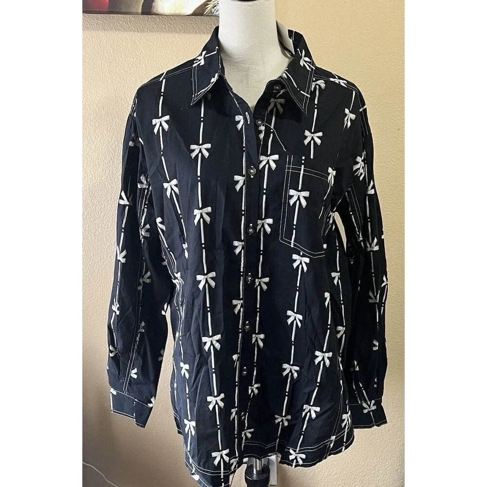 So Me Black Ribbon Bow Pattern Blouse Sz L Coquette Cottage Core Button Down
